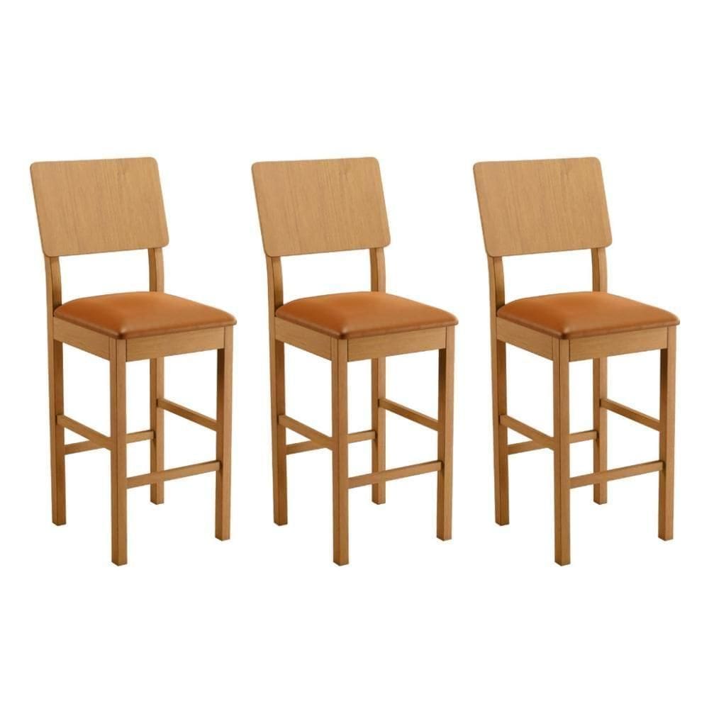 Conjunto 3 Banquetas Jade 01 Madeira Maciça Jcm Couro Caramelo