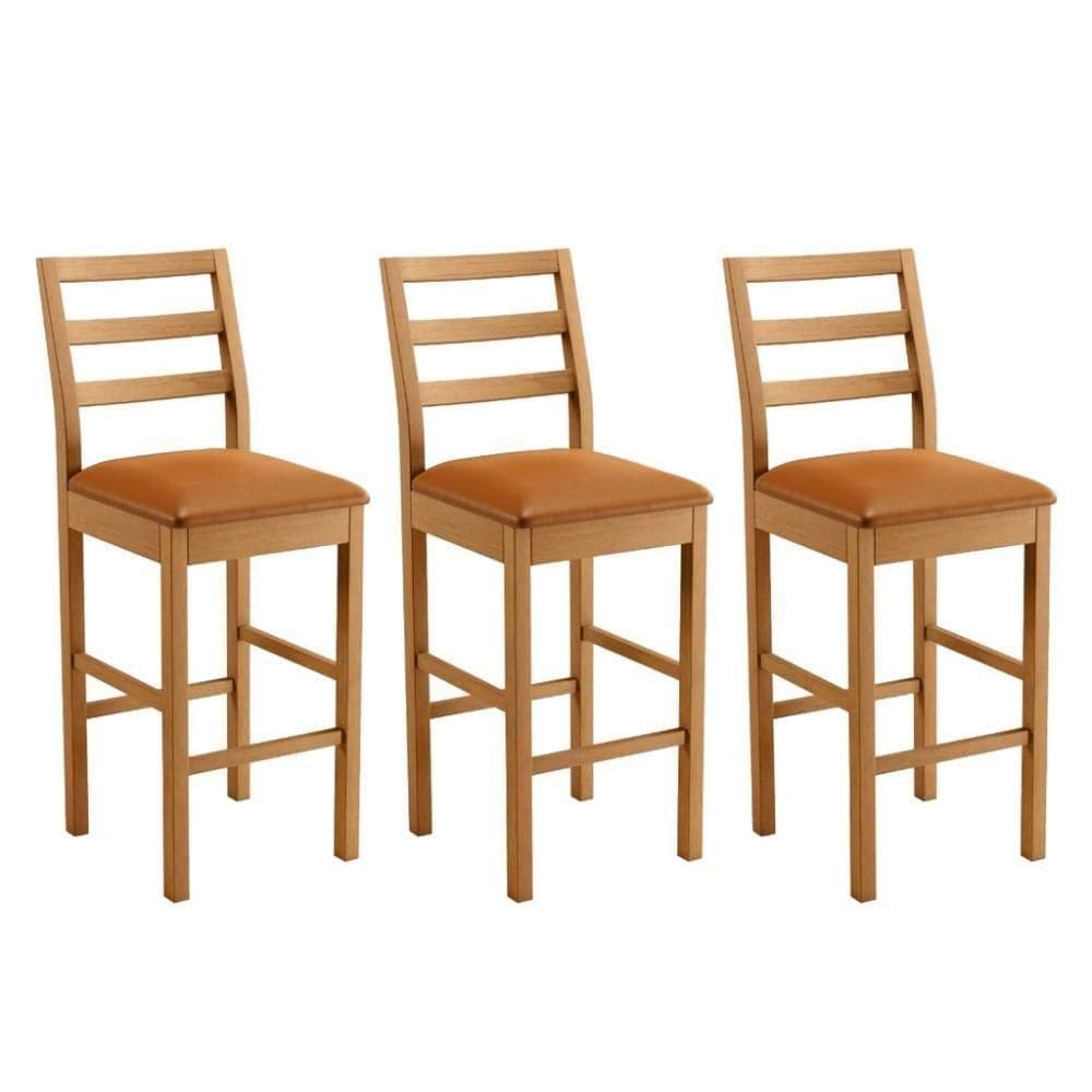 Conjunto 3 Banquetas Jade 02 Madeira Maciça Jcm Couro Caramelo