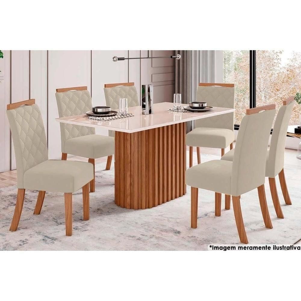 Sala De Jantar Completa Solana C- Tampo Madeirado C- Vidro Reto 160x90cm E 6 Cadeiras Bella Nature-linho - Henn