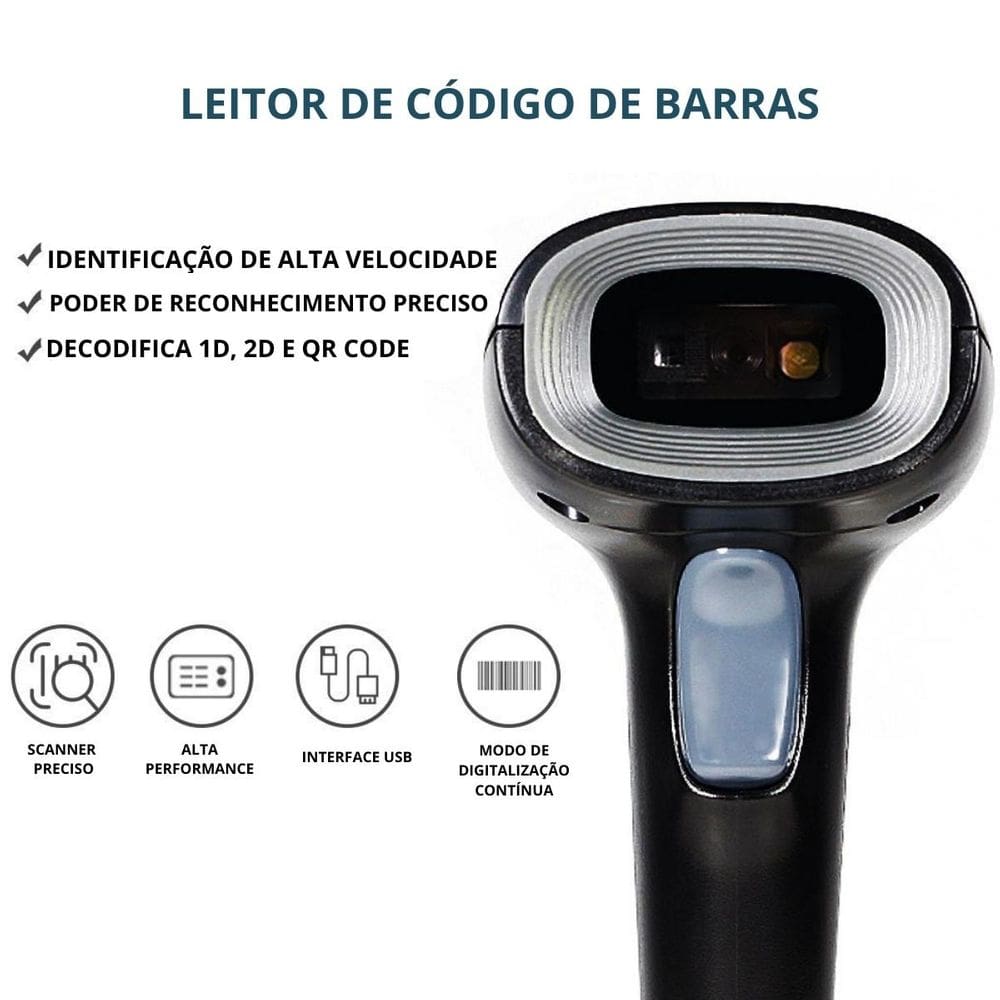 Leitor de Código de Barras com Fio 1D, 2D, Qr Code Portátil USB Inclui Suporte