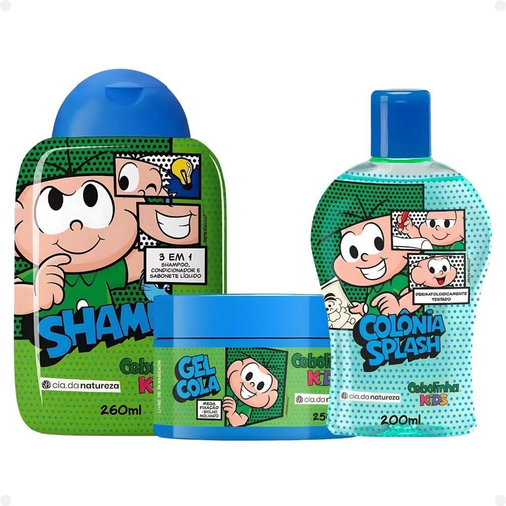 Kit Cia da Natureza Cebolinha Kids: Shampoo 3 em 1, Gel Cola e Colônia Splash