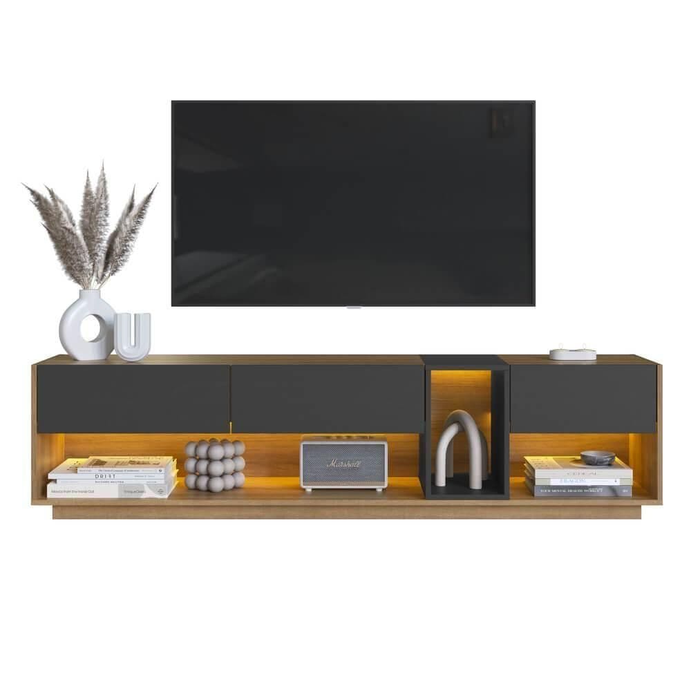 Rack Moderno Com Led 03 Gavetas 180cm Mel Grafite Proddy Mel Grafite