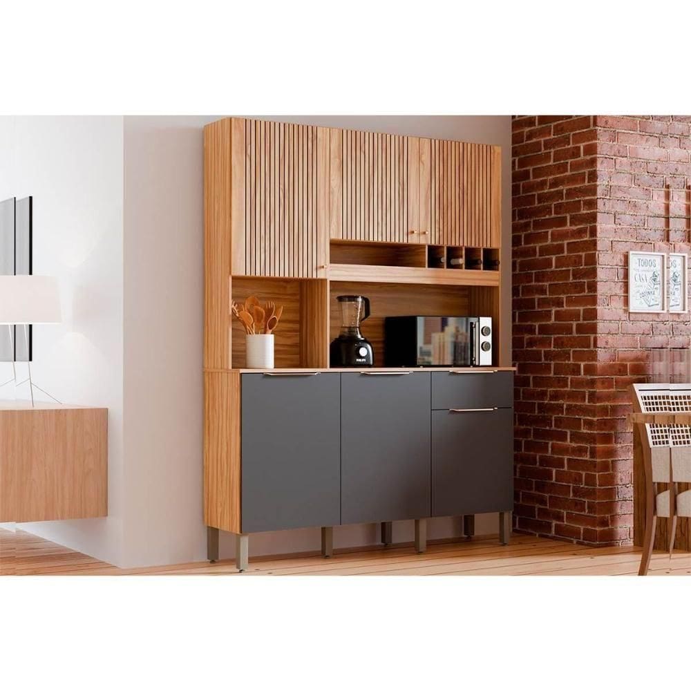 Kit De Cozinha Compacta Moscato 6 Portas E 1 Gaveta 197x151cm Amendoa-chumbo - Ronipa