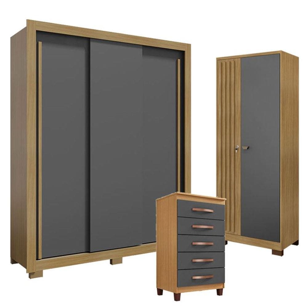 Guarda Roupa Solteiro Nevoa Flex 3 Portas de Correr com Cômoda Cannes 5 Gavetas e Armário Multiuso Versatile Grafite - Incorplac