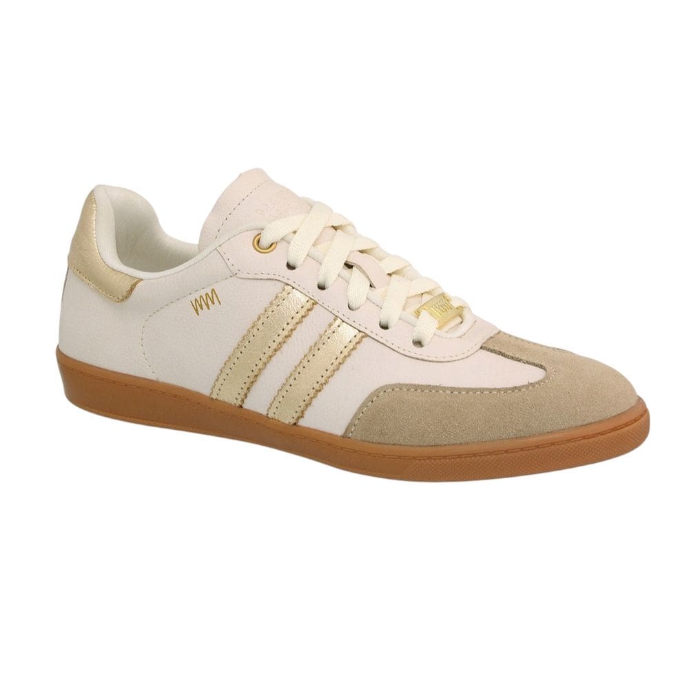 Tênis Feminino Casual Couro Emma Creme Dourado Marina Mello