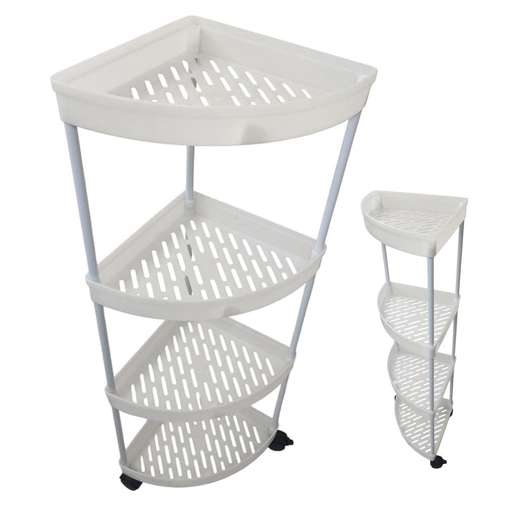 Carrinho de Canto 4 Andares Prateleira Rack Gancho Rodas Estante Casa Cozinha Banheiro Salao de Beleza Armazenamento Organizaçao Multiuso Resistente
