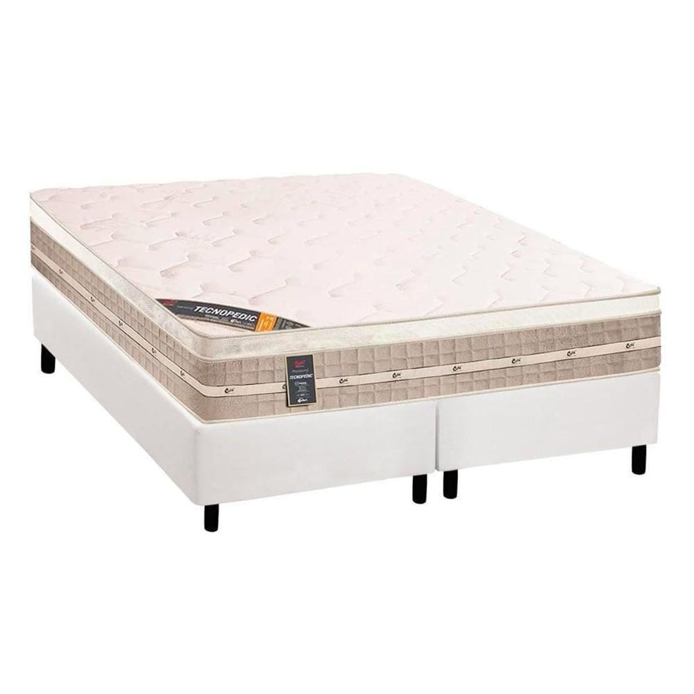 Cama Box Queen: Colchão Molas Castor Tecnopedic Premium + Base Crc Suede Branco(158x198)
