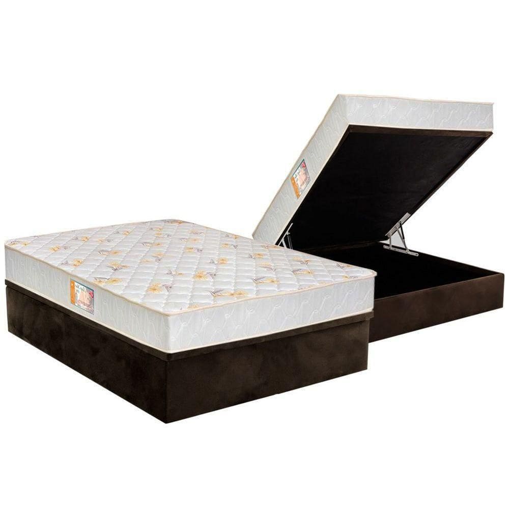 Cama Box Baú Casal: Colchão Espuma Castor D28 Sleep Max Duplo + Base Crc Suede Marrom(138X188)