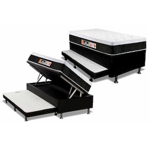 Cama Box Baú C/Auxiliar Solteiro: Colchão Espuma Castor D45 Black E White + Base Black(88X188)