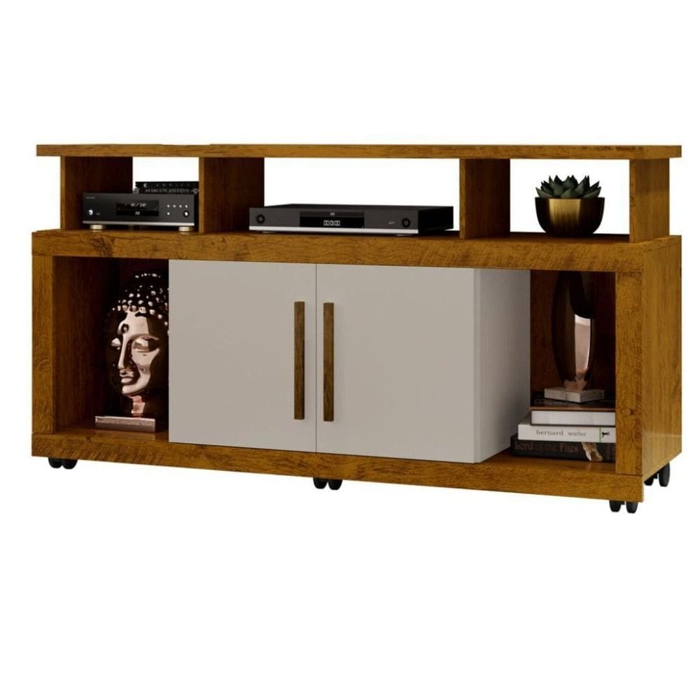 Rack Bancada Sala com Pés de Rodinha e 2 Portas Star 135x70cm Ipê/Off White