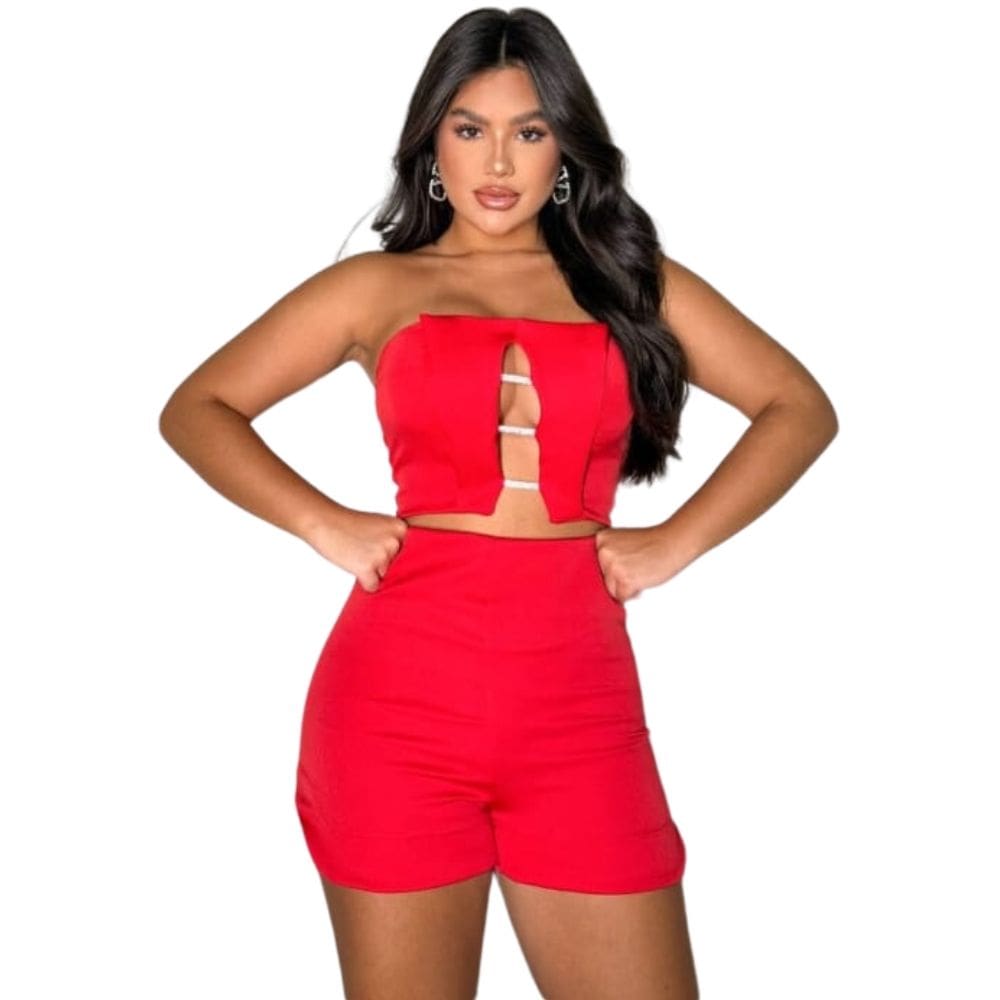 Conjunto Feminino Short e Top Cropped Sophia Vermelho
