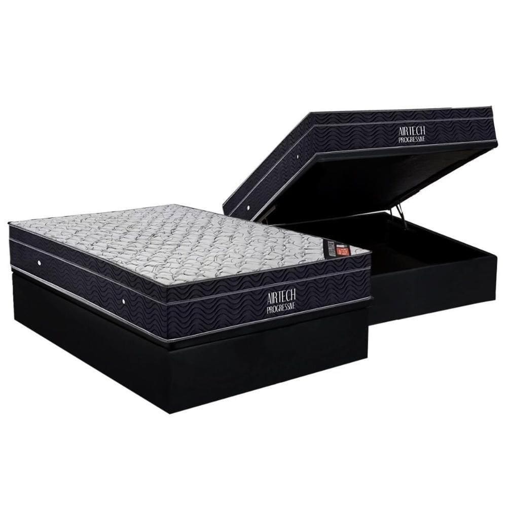 Cama Box Baú Casal: Colchão Molas Ortobom Nanolastic Airtech Progressive + Base Black(138X188)