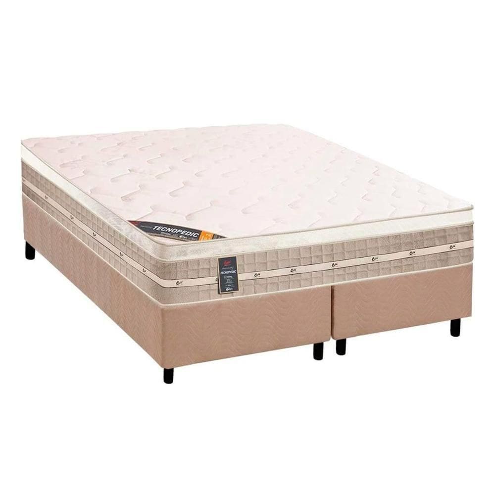 Cama Box King: Colchão Molas Tecnopedic Premium + Base Crc Suede Bege(193x203)