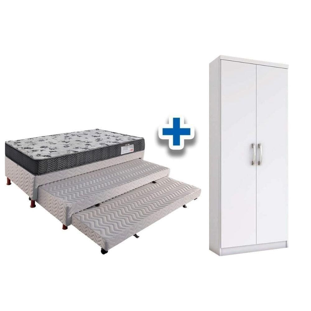 Cama Box Solteiro C/ 2 Aux + Armário Multiuso Margarida Branco