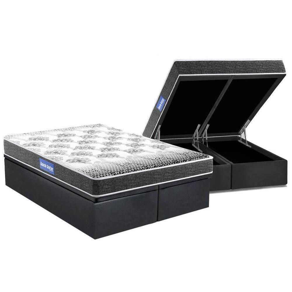 Cama Box Baú Queen: Colchão Espuma Probel D20 Guarda Costas Resistente Black + Base Gray(158X198)