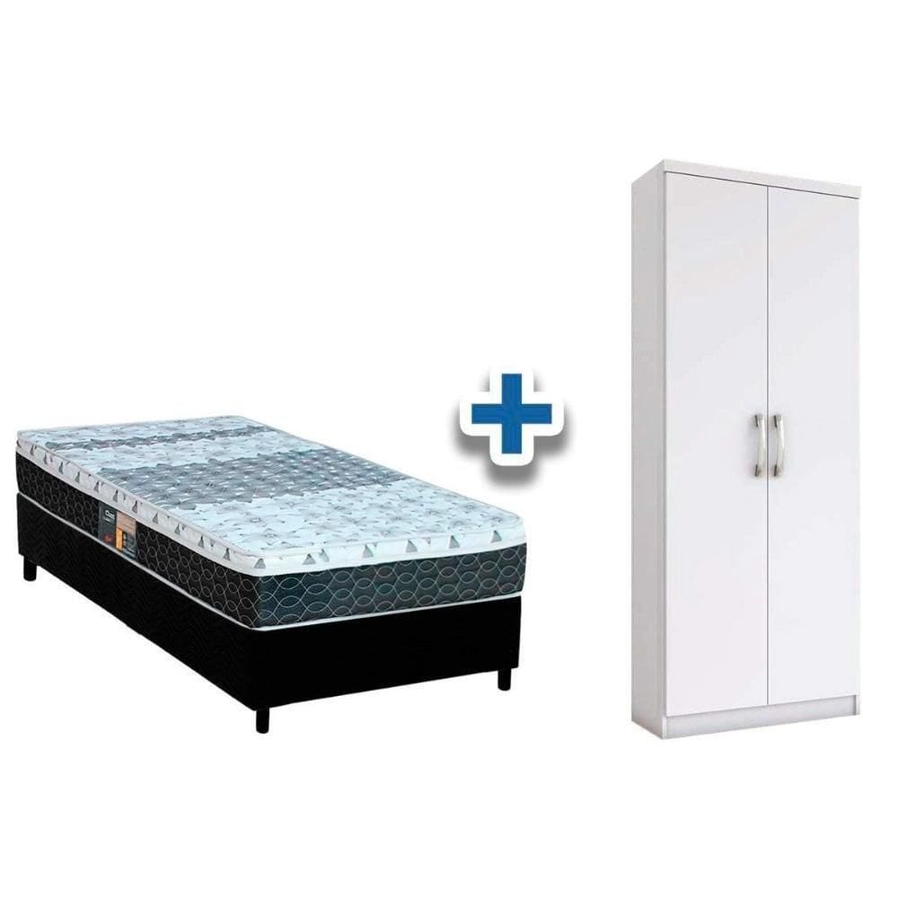 Cama Box Solteiro Crc + Bonnel Castor + Armário Multiuso Margarida Branco