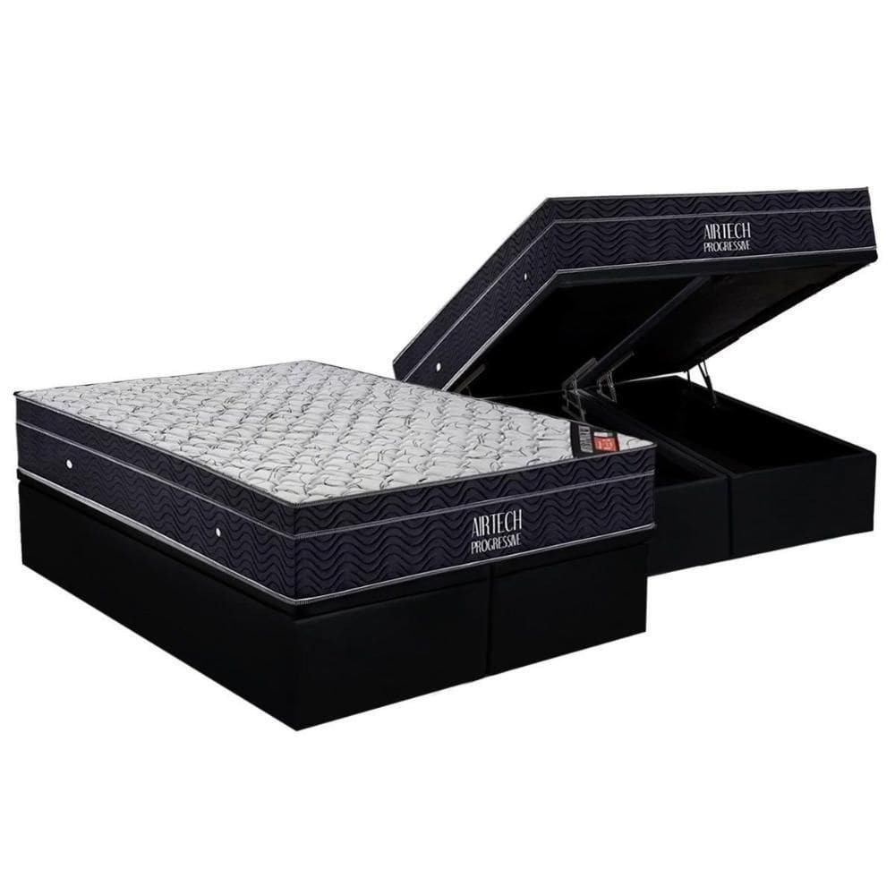 Cama Box Baú Queen: Colchão Molas Bonnel Ortobom Nanolastic Airtech Progressive+Base Black(158X198)