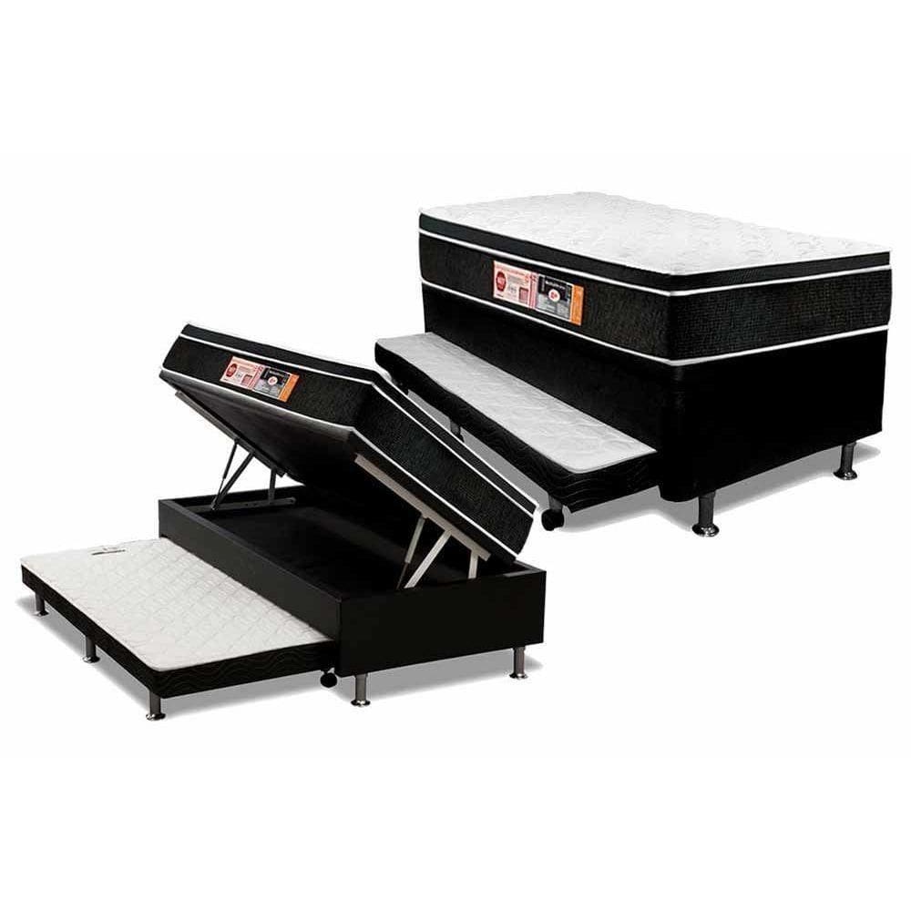 Cama Box Baú C/Auxiliar Solteiro: Colchão Espuma Castor D33 Black E White + Base Black(88X188)