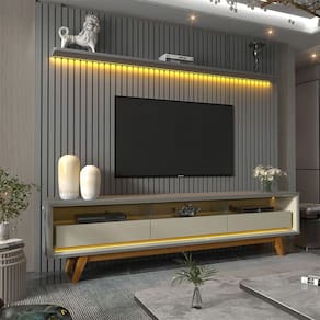 Rack E Painel Ripado Para TV Até 85 Led Nobre 230 Com Pés Cinza/Off White - Gelius