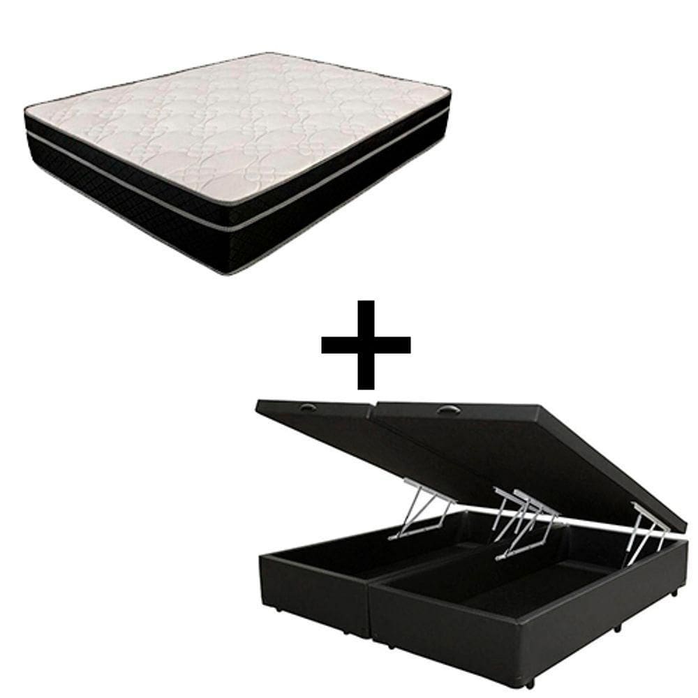 Cama Box Baú Casal 138 Bipartido Tecido Preto Com Colchão Paris Molas Preto 67x138x188