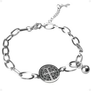 Pingente São Bento + Pulseira Masculina Prata Aço Inoxidável