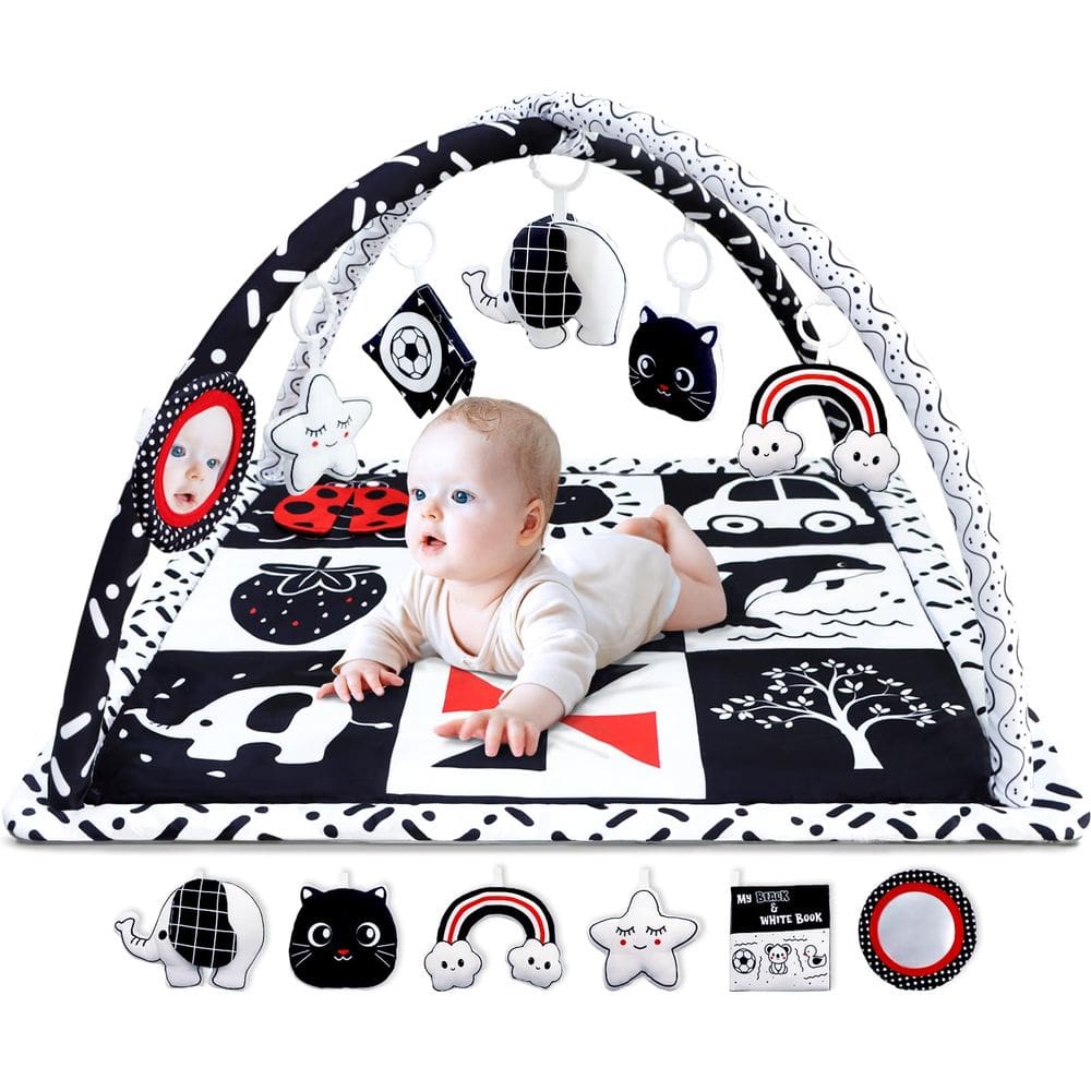 Tapete de brincar Baby Gym Poycuna preto e branco com 6 brinquedos 0-12M