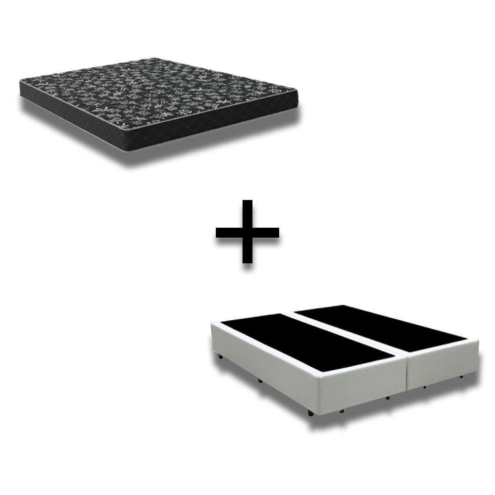 Cama Box Casal 138 Bipartido Tecido Branco Com Colchão D20 Tampo Preto 12cm