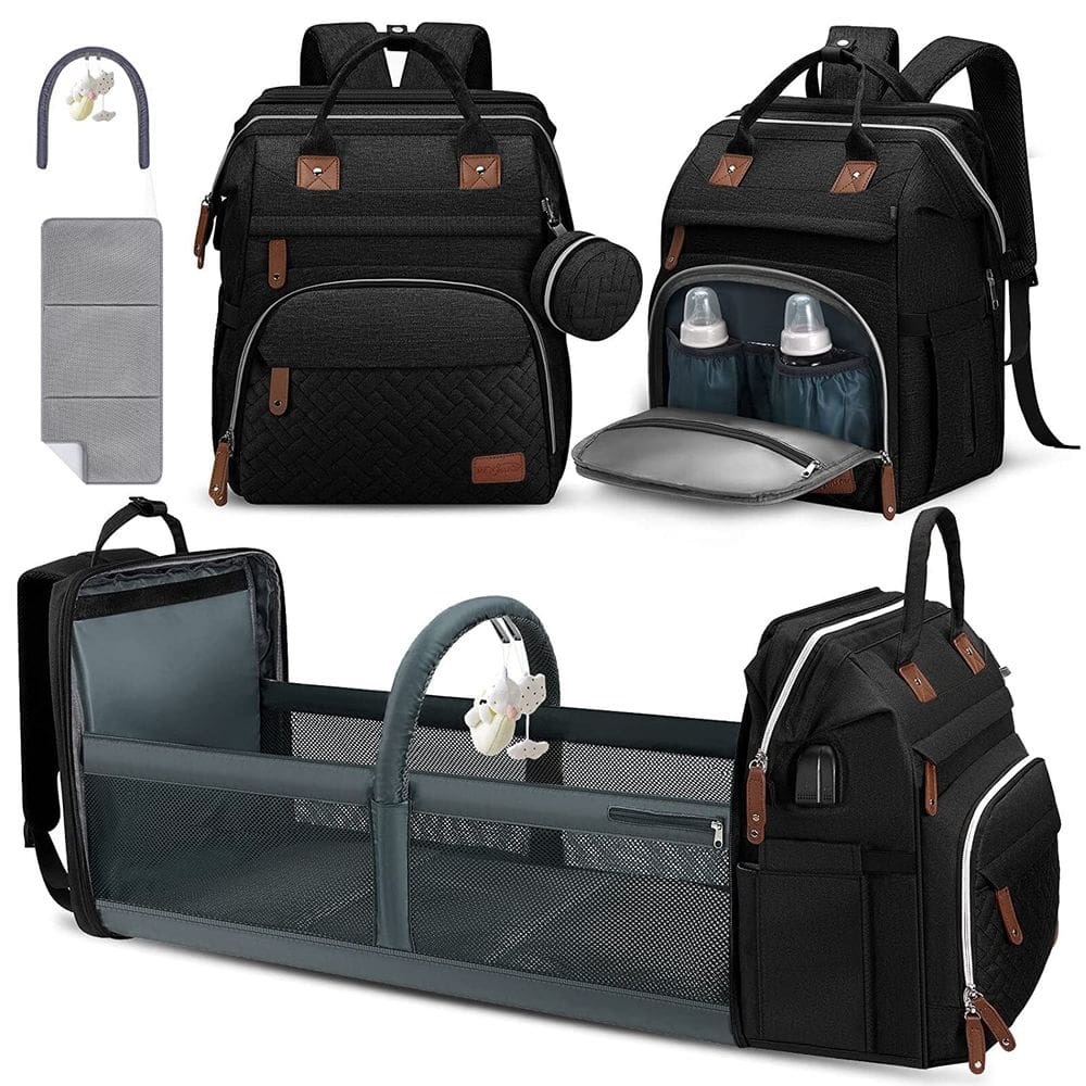 Mochila para fraldas DERJUNSTAR preta com trocador e alças de carrinho