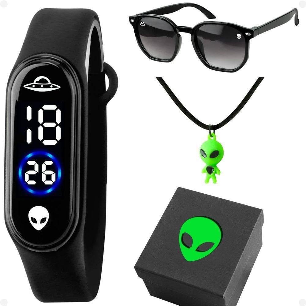 Relogio Infantil Led Et Ovni + Caixa + Oculos Sol + Colar