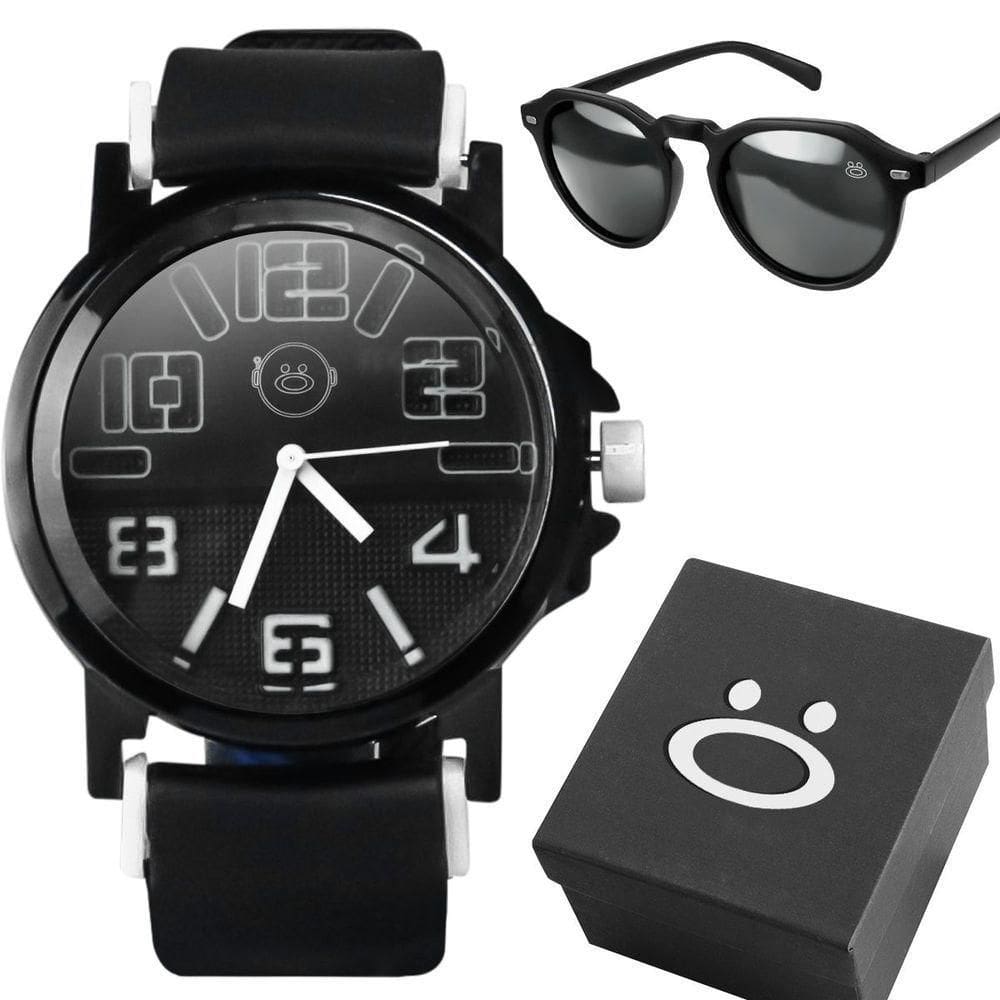 Relogio Masculino Aço Inoxidável + Oculos Sol Presente Preto