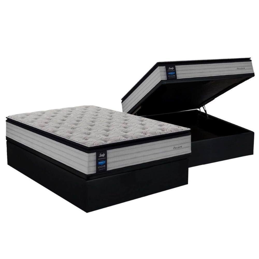Cama Box Baú Casal: Colchão Molas Sealy Posturepedic Passion + Base Crc Suede Preto(138X188)