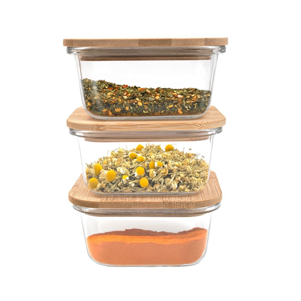 kit 3 potes de vidro 380ml com tampa de bambu hermético marmita quadrados - Tud