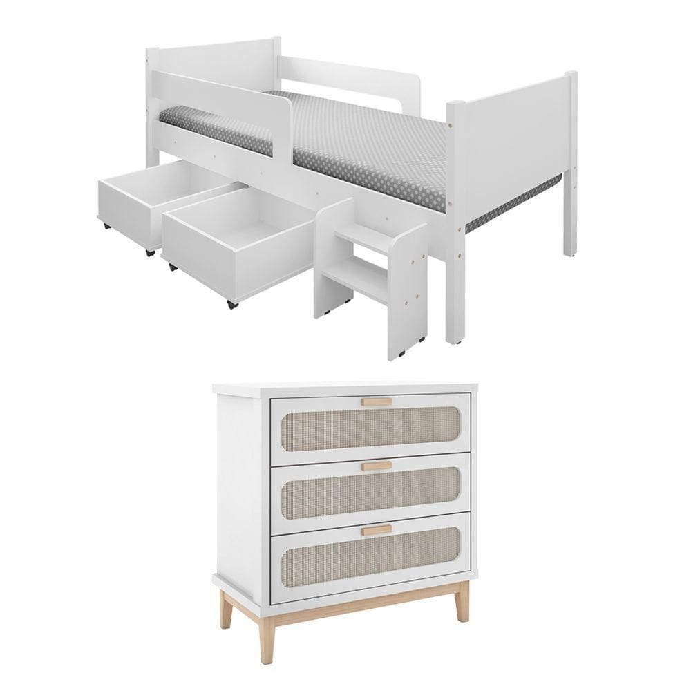 Kit Cama Infantil Luna Com Organizador Escada + Cômoda Isa - Branco - Branco