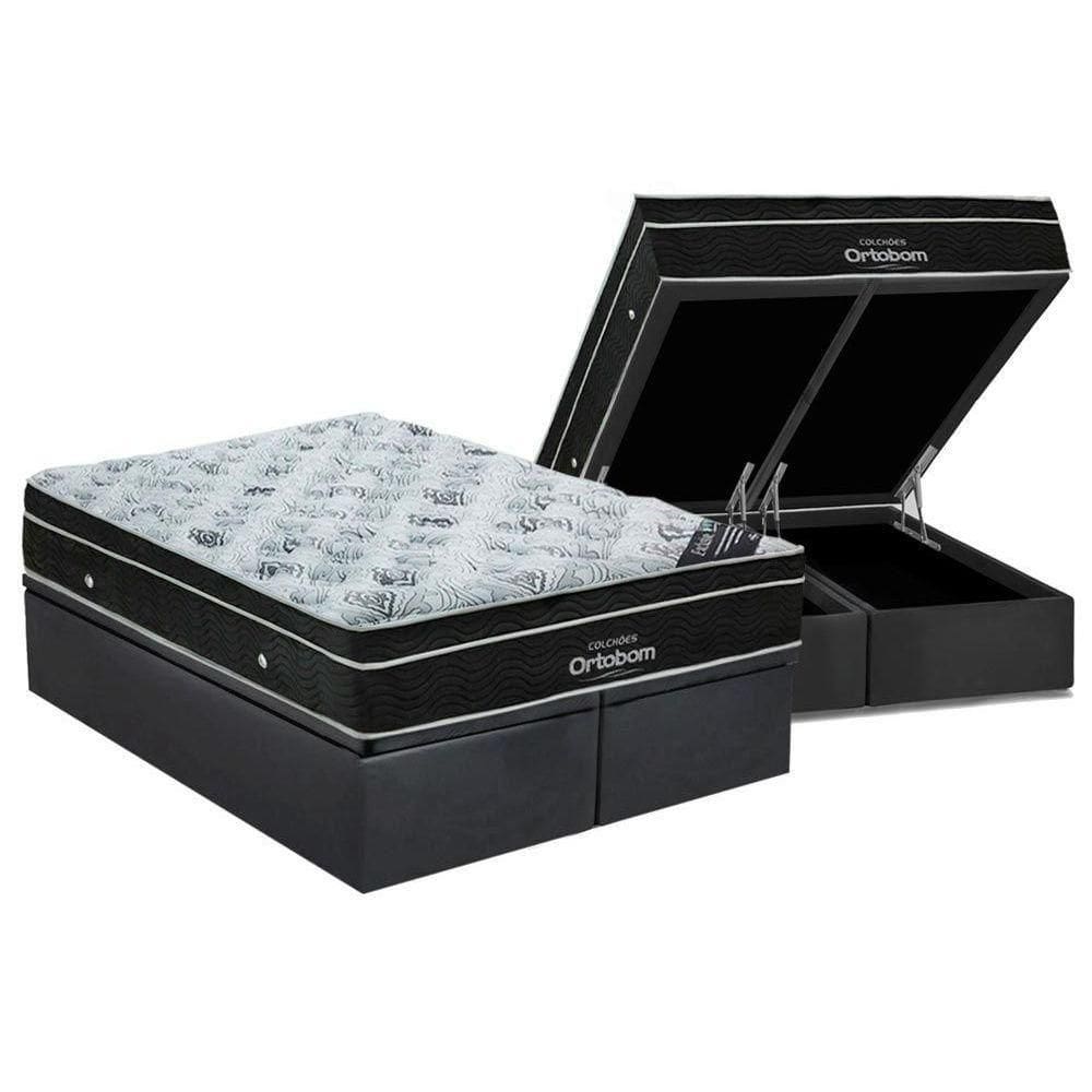 Cama Box Baú King: Colchão Molas Ortobom Nanolastic Exclusive + Base Crc Suede Gray(186X198)