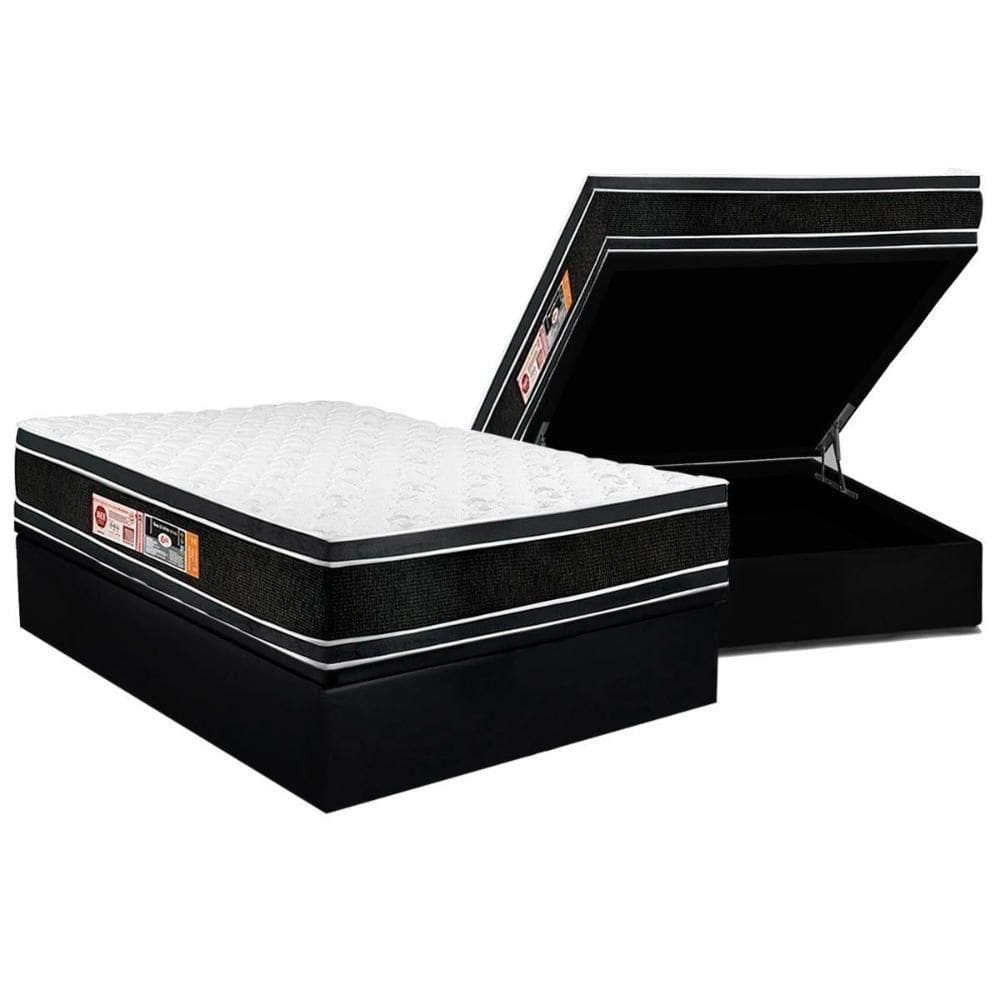 Cama Box Baú Casal: Colchão Espuma Castor D33 Black E White Face Euro Pillow + Base Black(138X188)