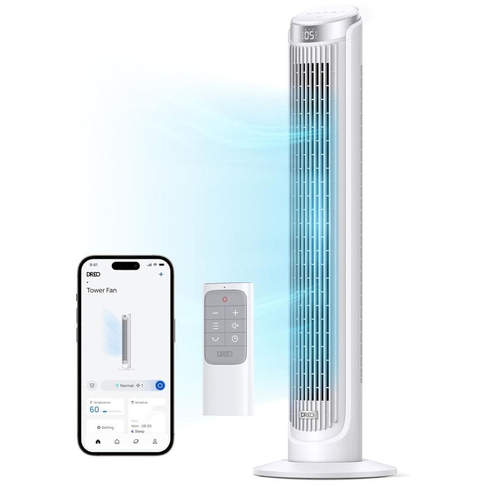 Ventilador de Torre com Oscilação de 90º, 5 Velocidades, Silencioso, Temporizador de 12H, Display LED, Controle Remoto, Voz e APP, 110V, Dreo, Branco