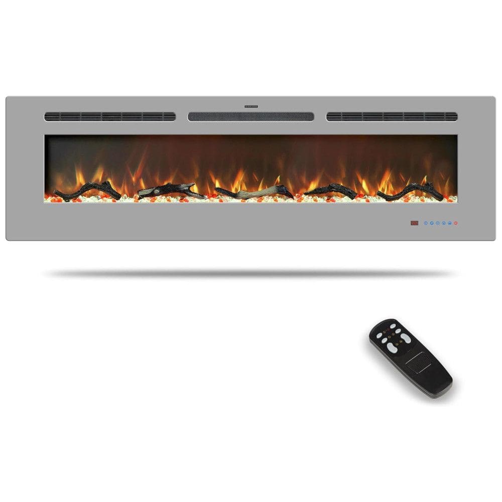 Lareira Elétrica de 152 cm, Embutida ou de Parede, Aquecedor Linear com Termostato,Tela Touch,Chama Multicolorida,Timer, Troncos e Cristais, Kentsky