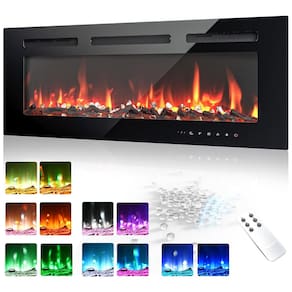 Lareira Elétrica EUHOMY de 91 cm, Embutida ou de Parede, Chama Ajustável, Aquecedor com Controle Remoto, Timer, Tela Touch, Troncos e Cristais