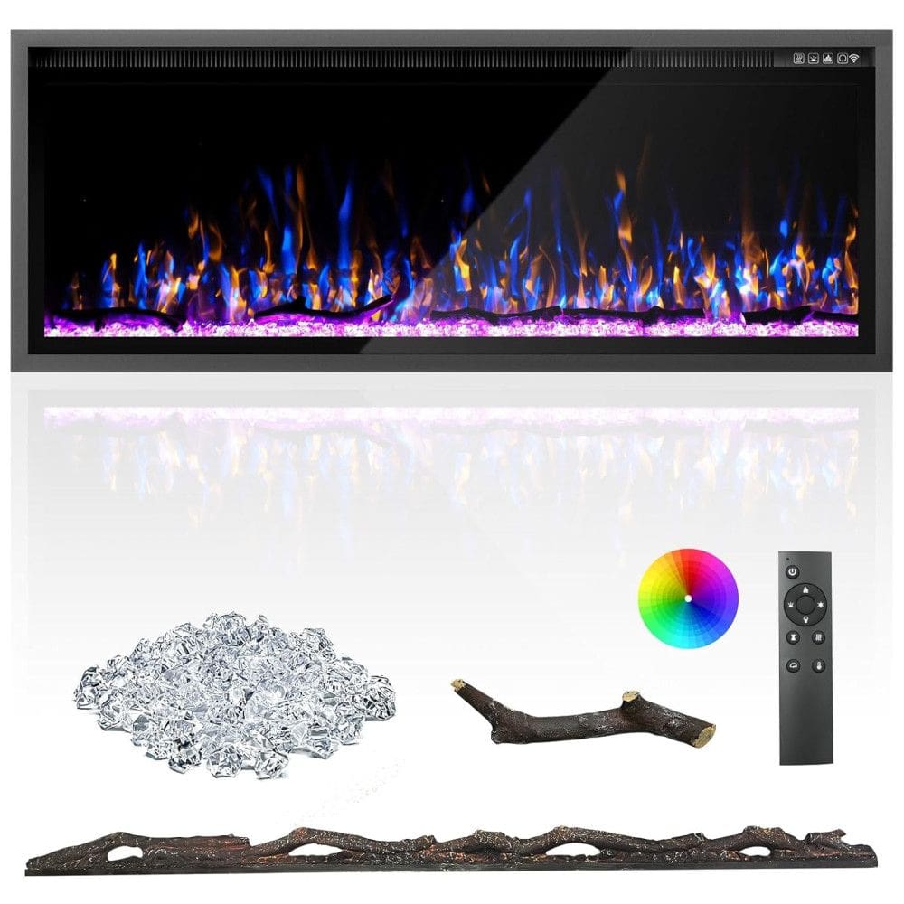 Lareira Elétrica de 127 cm, Ultrafina, Embutida ou de Parede, Troncos, Madeira Flutuante ou Cristais, Controle Remoto, Termostato, Timer,Kucreiheat