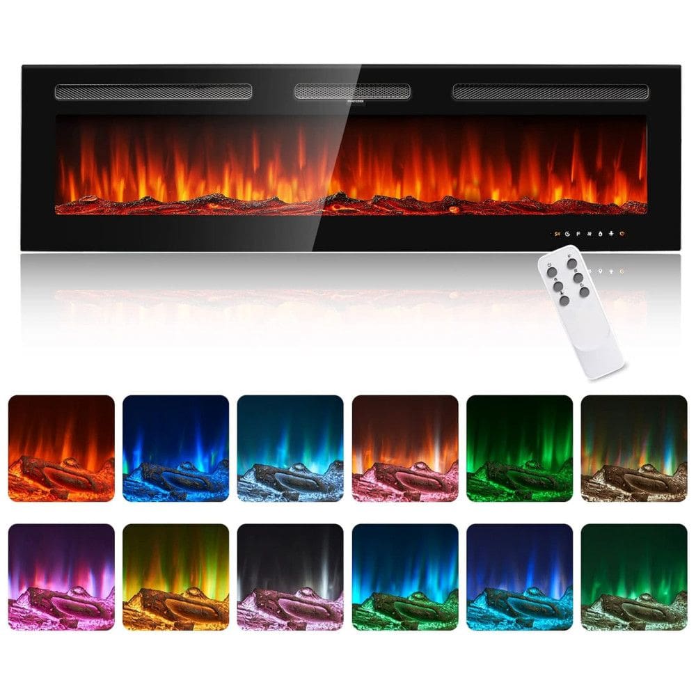 Lareira Elétrica oneinmil de 152 cm, Embutida ou de Parede, 750W/1500W, 12 Cores de Chama, Controle Remoto, Troncos e Cristais Inclusos