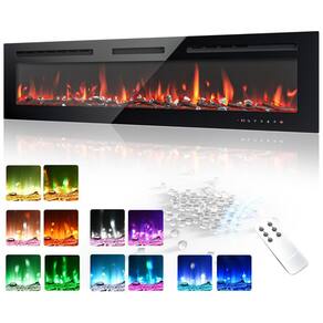 Lareira Elétrica EUHOMY de 152 cm, Embutida ou de Parede, Chama Ajustável, Aquecedor com Controle Remoto, Timer, Tela Touch, Troncos e Cristais
