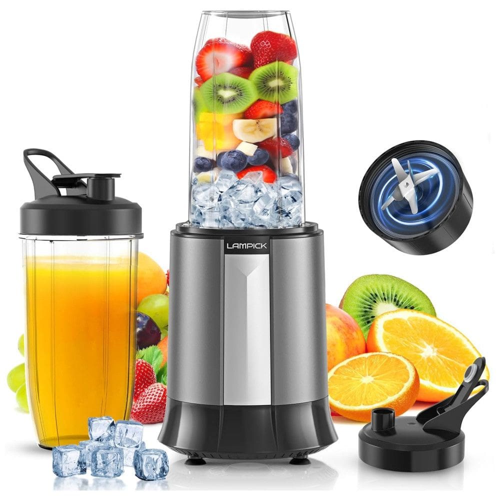 Liquidificador Portátil com Capacidade de 800mL e 6 Lâminas de Aço Inoxidável, 1300W, LAMPICK, Cinza