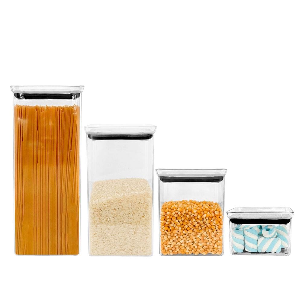 Kit 4 Potes Herméticos Acrílico Empilháveis Quadrado Resistente Cozinha Dispensa