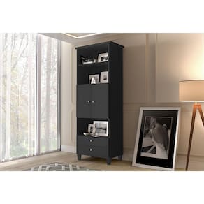 Estante Livreiro Multiuso Library 2 Portas E 2 Gavetas Ideal Para Sala De Estar E Quarto - Preto