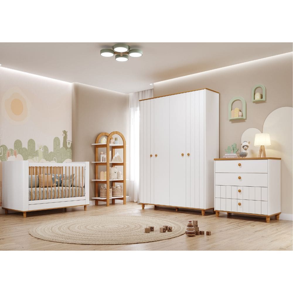 Quarto de Bebê Completo Berço Guarda Roupa 4 Portas e Cômoda 4 Gavetas 100 MDF Lívia Permobili