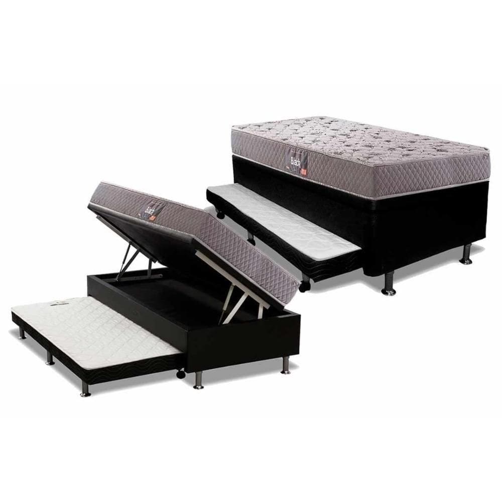 Cama Box Baú C/Auxiliar Solteiro: Colchão Ortopédico Herval D28/Ag65 Black Side + Base Black(88X188)