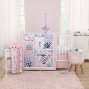 Conjunto de cama de berço NoJo Mermaid Lagoon rosa/azul/branco 4 peças