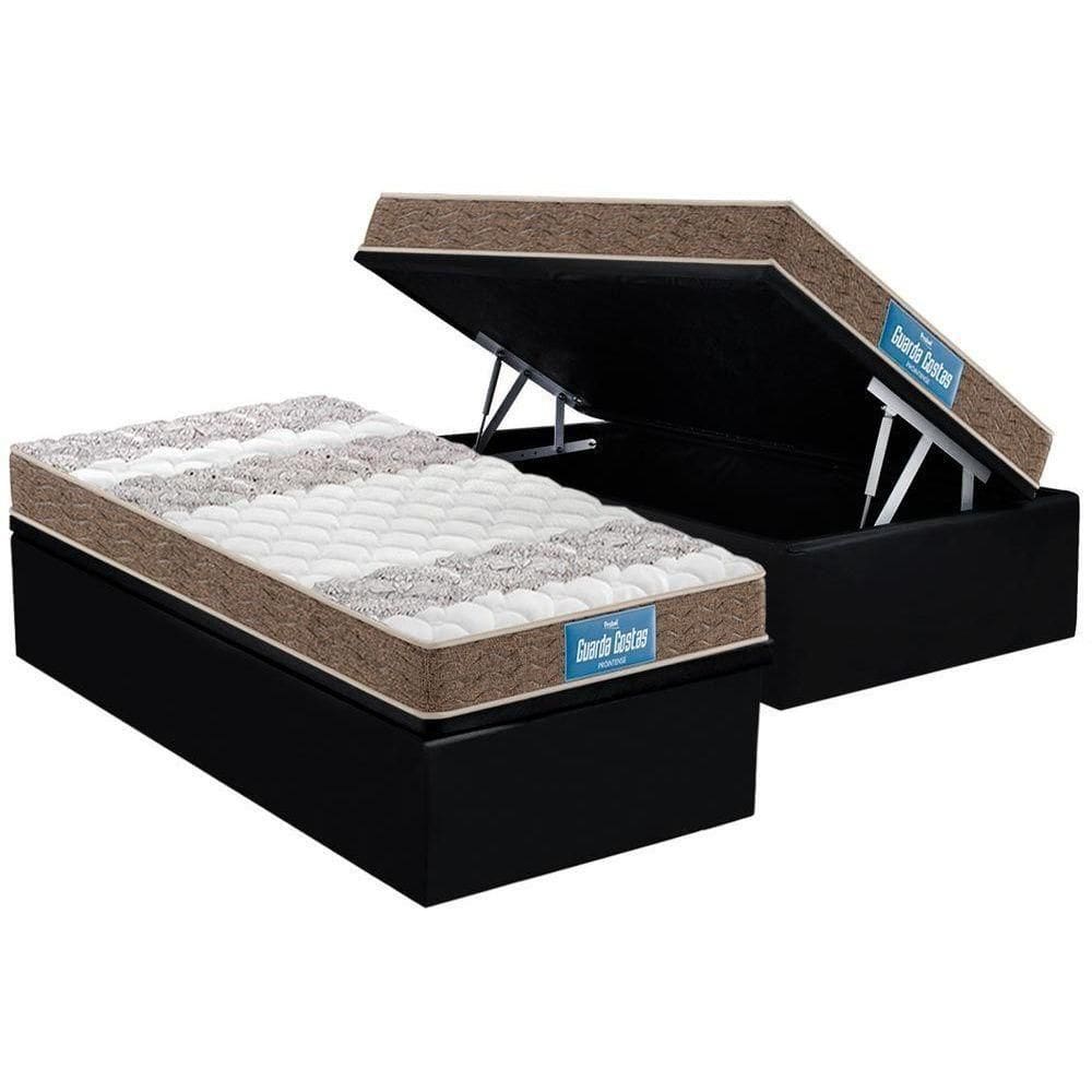 Cama Box Baú Solteiro: Colchão Espuma D33 Probel - Ep Guarda Costas + Base Crc Suede Black(88x188)