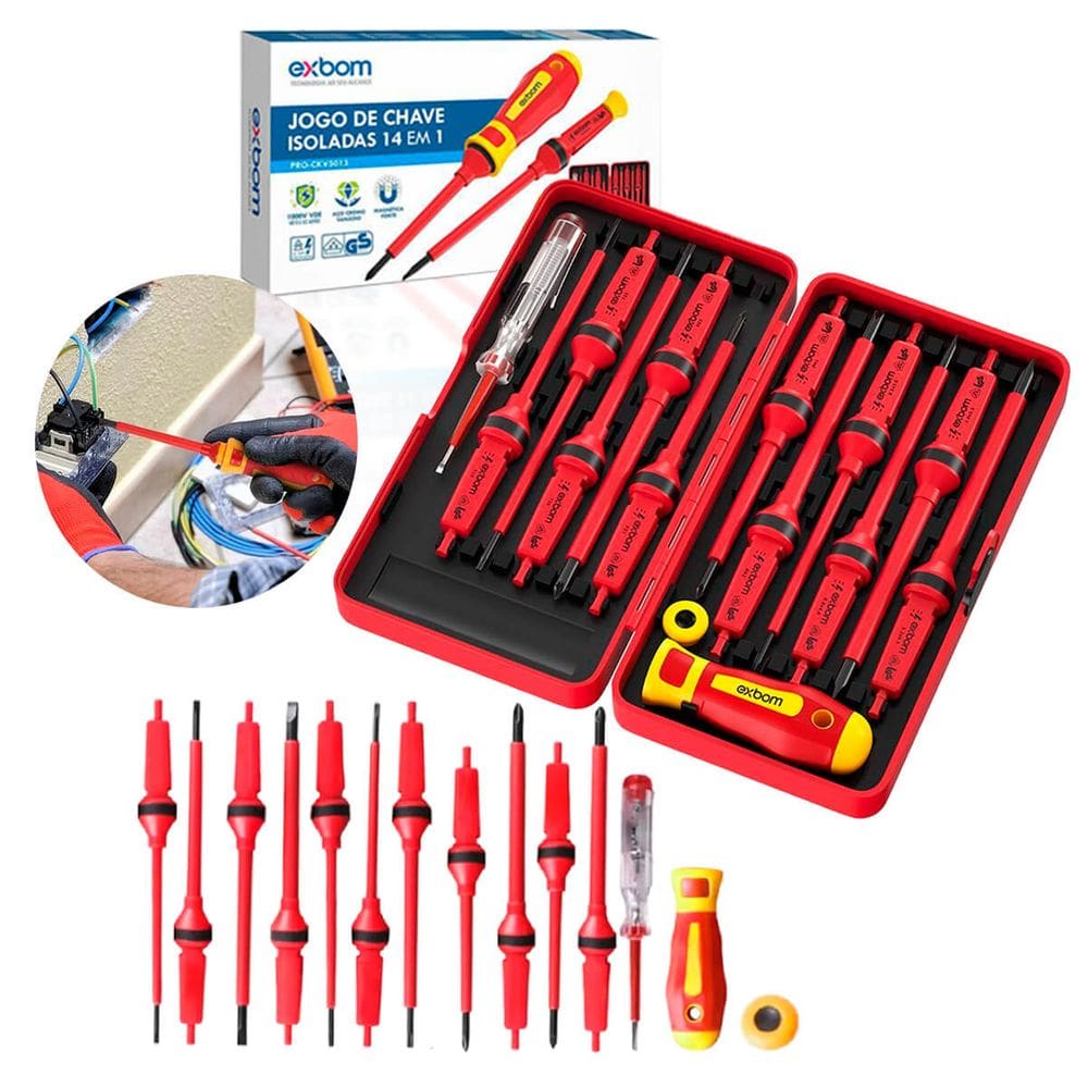Kit de Chaves Isoladas 14 em 1 NR10 IEC 60900 – Estojo Compacto, Testador e Alta Segurança para Eletricistas