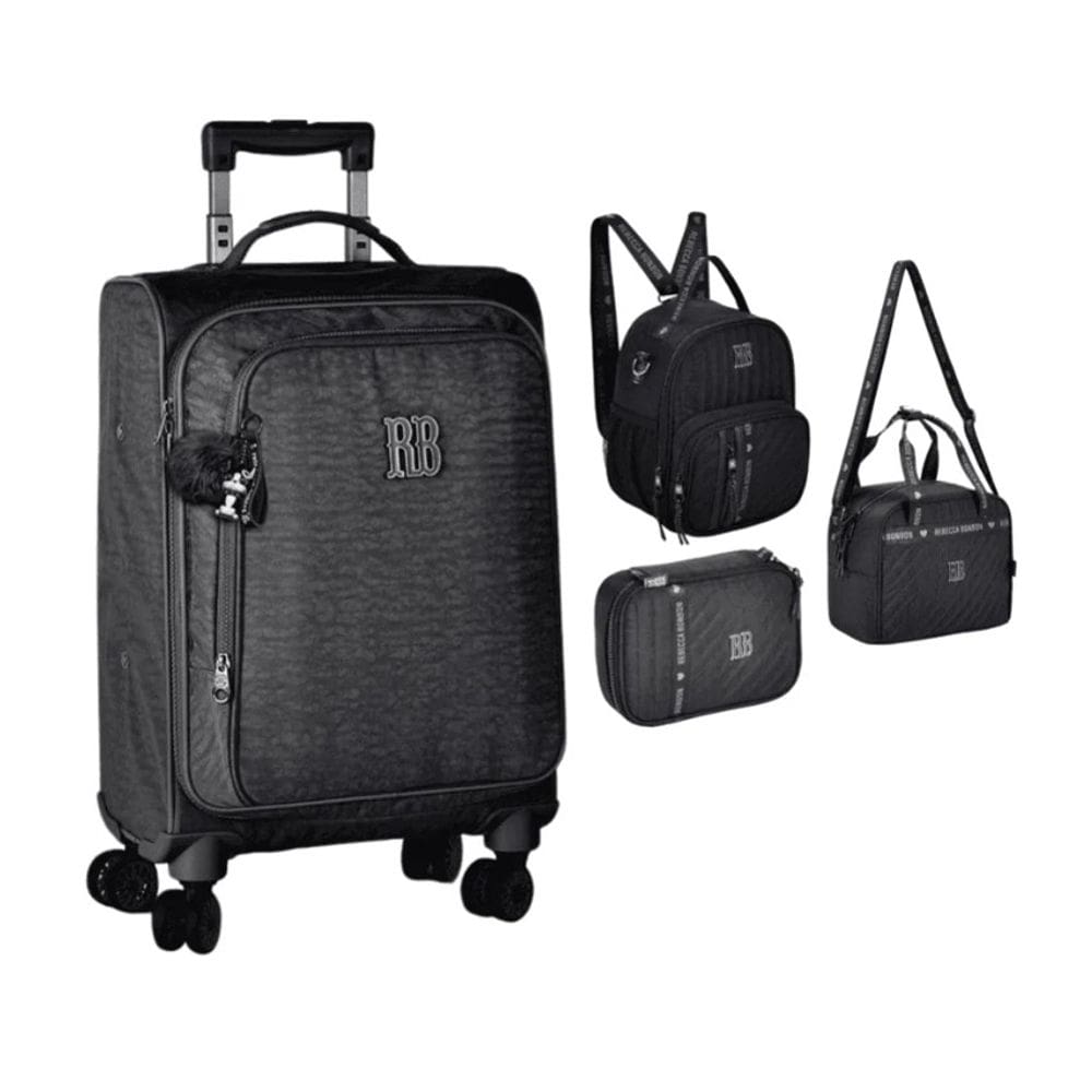 Kit Mala Escolar Rodas 360 + Estojo + Lancheiras Rebecca Bonbon Preto